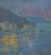 Load image into Gallery viewer, SCOTTISH ART. Pretty 1990s Vintage Watercolour by Irene HALLIDAY. Night Waters at Symi in Greece
