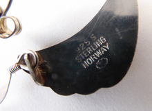 Load image into Gallery viewer, 1950s NORWEGIAN Guilloche Enamel and Silver Drop Earrings by Elvik &amp; Co. Red Shell Shaped for Pierced Ears with Silver Hooks
