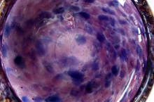 Load image into Gallery viewer, Pretty SCOTTISH MONART GLASS Shallow Pin Dish. Mottled Lilac and Purple Glass with Gold Aventurine &amp; Customary Raised Pontil Mark
