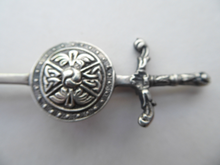 Load image into Gallery viewer, 1950s SCOTTISH SILVER BROOCH. Vintage Lapel Brooch or Miniature Kilt Pin: Celtic Sword &amp; Shield Design by Robert Allison
