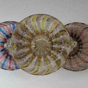 Venetian / Salviati Murano Glass Latticino Zanfirico Glass Finger Bowl with Clear Glass Cherub Prunts