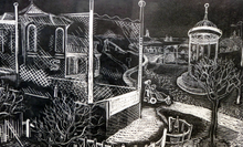 Load image into Gallery viewer, Scottish Art 1940s Woodcut by Kenneth Roberts Wartime Park Scene
