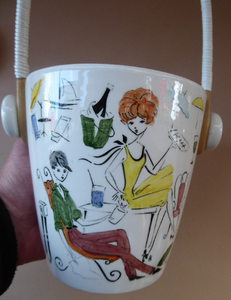 1950s Ceramica Di Milano ICE PAIL with Handle. Very Rare - with decoration showing a stylish couple drinking cocktails