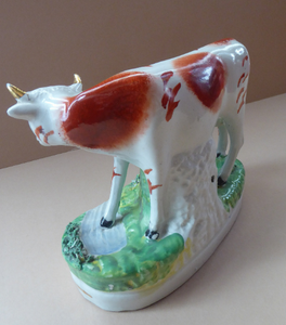 Genuine ANTIQUE STAFFORDSHIRE Figurine. Woman / Milkmaid with Large Cow by a Stream; 1880s