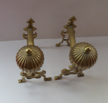 Load image into Gallery viewer, Aesthetic Movement Brass Fire Dogs or Antique Andirons with Large Ribbed Balls Finials
