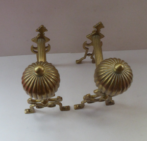 Aesthetic Movement Brass Fire Dogs or Antique Andirons with Large Ribbed Balls Finials