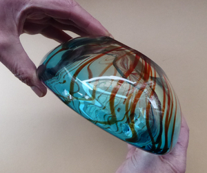 Unusual Chunky Blue Glass Bowl with Flat Polished Pontil Base - with Red Stripes from the Centre. Probably Italian, Murano