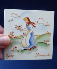 Load image into Gallery viewer, Vintage DANISH Miniature Ceramic Tiles. Folk Art Images of Ladies Working. Each Wears a Regional Costume
