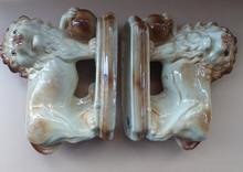Load image into Gallery viewer, LARGE PAIR of ANTIQUE Staffordshire Style Medici Lions with front paw on ball. 14 inches in length
