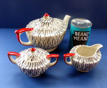 Load image into Gallery viewer, Very Rare Zebra Stripe Sadler Three Piece Teaset. Large Teapot, Rare Lidded Sugar Bowl, and Milk Jug
