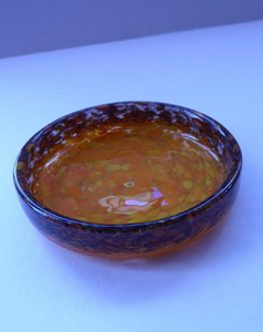 Wee SCOTTISH MONART GLASS Shallow Pin Dish. Mottled Orange and Brown Glass with Gold Aventurine & Unusual Polished Base