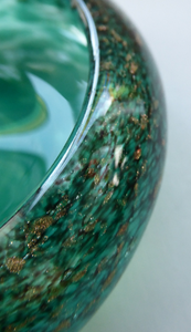 Pretty SCOTTISH MONART GLASS Shallow Pin Dish. Mottled Pale Blue and Green Glass with Gold Aventurine & Customary Raised Pontil Mark