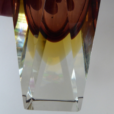 Vintage 1960s MURANO Mandruzzato Sommerso Facet Cut Vase. Double Cased with Aubergine and Yellow Layers. Original Label
