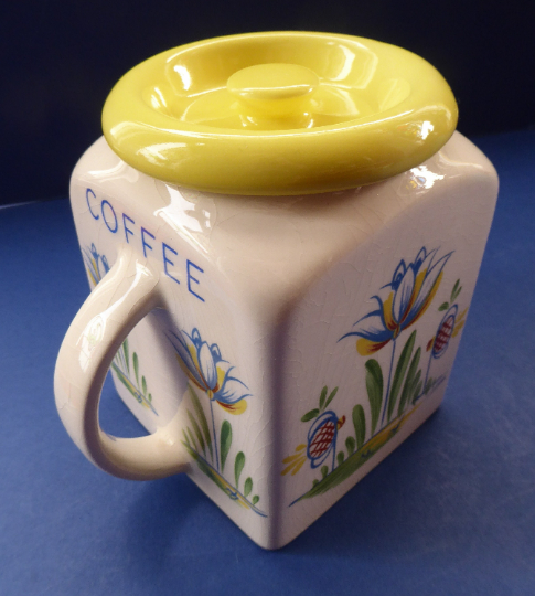 1950s BRISTOL POTTERY Kitchen Canister or Storage Jar. Vintage Old Delft Tulip Design with Carrying Handle. COFFEE