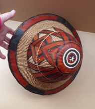 Load image into Gallery viewer, Vintage AFRICAN (Ghana) Woven Straw &amp; Leather FULANI Hat with Straps. Nice, clean condition
