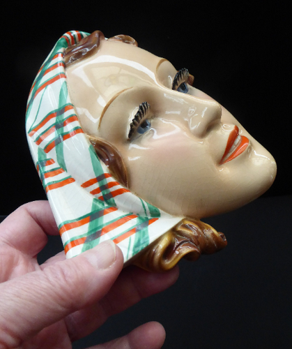 ART DECO Goebel Wall Mask. 1930s Lady with Checked Headscarf and Modelled Long Eyelashes 