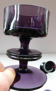 Stylish 1970s SHERINGHAM WEDGWOOD GLASS Set of Three Purple Candlesticks by Stennett-Wilson. 3 1/2 inches High