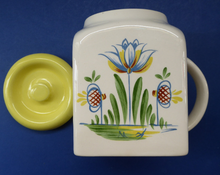 Load image into Gallery viewer, 1950s BRISTOL POTTERY Kitchen Canister or Storage Jar. Vintage Old Delft Tulip Design with Carrying Handle. RAISINS
