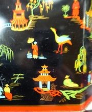 Load image into Gallery viewer, Vintage 1950s SCOTTISH Biscuit Tin for William Crawford. Stylish Mid Century Image with Stylised Chinese Motifs
