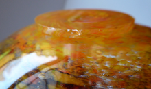 Load image into Gallery viewer, Wee SCOTTISH MONART GLASS Shallow Pin Dish. Mottled Orange, Red, Yellow and Brown Glass with Gold Aventurine &amp; Customary Raised Pontil Mark
