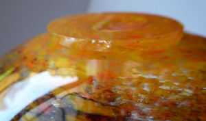 Wee SCOTTISH MONART GLASS Shallow Pin Dish. Mottled Orange, Red, Yellow and Brown Glass with Gold Aventurine & Customary Raised Pontil Mark