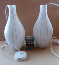 Load image into Gallery viewer, Mid-Century Design Classic. 1950s Skittle Shaped Glass Hanging Lampshade; possibly Danish. Opaque White Glass with Grey Stripes
