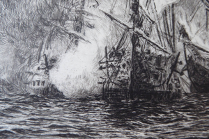 ORIGINAL ETCHING: William Lionel Wyllie (1851 – 1931) Battle of Trafalgar; c 1920. Pencil Signed