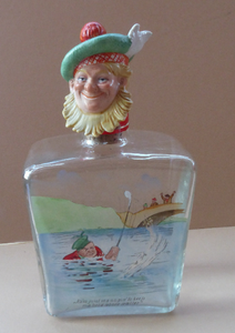 1930s NOVELTY Golfing Glass Decanter. Decorated with Hand-Painted Comical Golfing Illustration - and with Fabulous Scotsman's Head Stopper