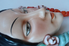 Load image into Gallery viewer, Rare 1930s GOEBEL Pottery Wall Mask. Art Deco Spanish Lady with Fabulous Floral Hair Decorations. LARGER size. 7 inches
