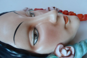 Rare 1930s GOEBEL Pottery Wall Mask. Art Deco Spanish Lady with Fabulous Floral Hair Decorations. LARGER size. 7 inches