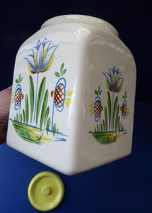 1950s BRISTOL POTTERY Kitchen Canister or Storage Jar. Vintage Old Delft Tulip Design with Carrying Handle. FLOUR