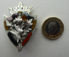 Load image into Gallery viewer, Antique 1901 SILVER BROOCH. Large Shield Brooch with Agates and Overlaid Silver Thistle. Adie Lovekin Ltd
