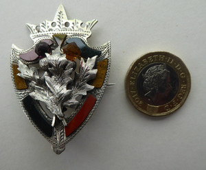 Antique 1901 SILVER BROOCH. Large Shield Brooch with Agates and Overlaid Silver Thistle. Adie Lovekin Ltd