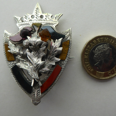 Antique 1901 SILVER BROOCH. Large Shield Brooch with Agates and Overlaid Silver Thistle. Adie Lovekin Ltd