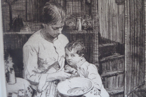 Original Pencil Signed Etching: William Lee Hankey. Preparing the Meal; 1920s