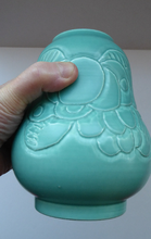 Load image into Gallery viewer, 1930s CROWN DUCAL Byztantine or Danube Vase. Shaped 155. Matt Aqua Green Glaze with Sgraffito Floral Decorations
