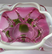 Load image into Gallery viewer, Josef HOSPODKA / Chribska; Czechoslovakia. Vintage 1960s Bowl with Green and Cranberry Colours Cased in Clear - with white rim
