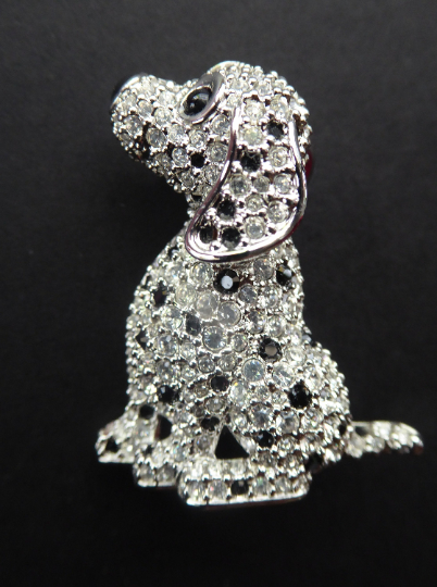 Vintage SWAROVSKI Crystal Brooch or Pin in the Shape of a Seated Dalmatian Puppy. In Original Box with Leaflet