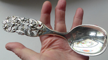 Load image into Gallery viewer, Vintage NORWEGIAN SILVER 830s Brodrene Lohne ELVESTER Small Serving Spoon; c 1900s Rare Scandinavian Silverware
