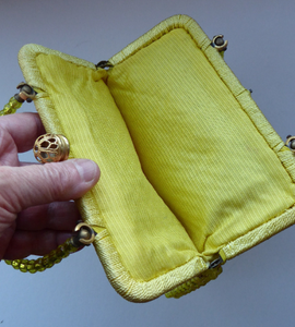 GOOD QUALITY Vintage 1960s Yellow Coloured Beaded Evening Bag - with Fine Gold Tone Clasp and Pair of Beaded Handles