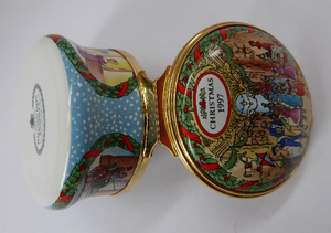 Vintage Halcyon Days Enamels Christmas Box 1997. Victorians Shopping in a Christmas Arcade. Excellent Condition