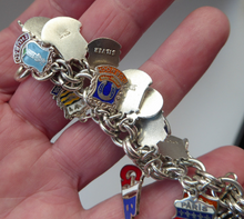 Load image into Gallery viewer, SILVER BRACELET with 36 Vintage SILVER and Enamel Towns Charms. Souvenirs of a Visit to the Town
