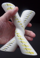 Load image into Gallery viewer, Rare 1950s Vintage SYLVAC Cross Shaped Bud Vase - with Abstract Yellow &amp; Black Pattern and Glossy Red Interior
