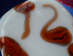 Mid-Century Italian V.B Opaline Vase with Orange and Black Stripes & Streaks; with Attenuated Neck. 17 inches in height