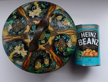 Load image into Gallery viewer, Large Circular VINTAGE Gray Dunn Biscuit Tin, with Japanese / Art Nouveau Decorations. Aesthetic Movement Colours
