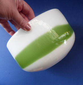 DANISH Holmegaard Glass Palet Bowl with Green Stripe. Designed by MICHAEL BANG. 1970