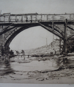 SCOTTISH ART. Sir Muirhead Bone (1876 - 1953). Repairing the Auld Brig at Ayr (No.1). Pencil signed etching. Dated 1909