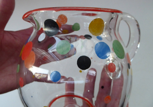Vintage 1950s Mid Century Glass LEMONADE JUG. Excellent condition with original tutti frutti painted polka dot decorations