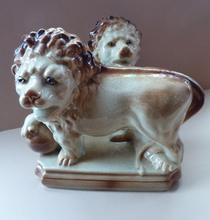 Load image into Gallery viewer, LARGE PAIR of ANTIQUE Staffordshire Style Medici Lions with front paw on ball. 14 inches in length
