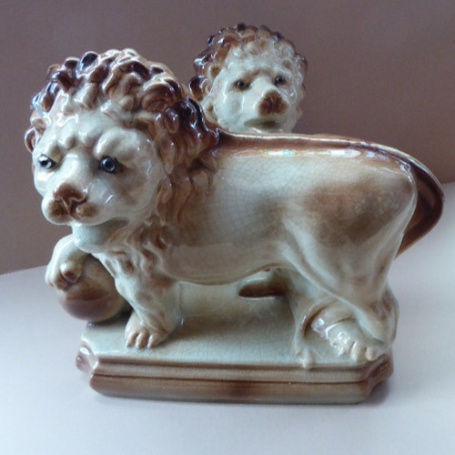 LARGE PAIR of ANTIQUE Staffordshire Style Medici Lions with front paw on ball. 14 inches in length